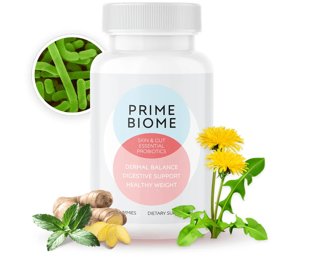 PrimeBiome Skin and Gut Essential Probiotics gummy bottle with botanicals